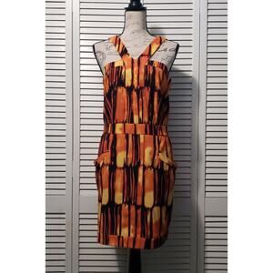 Michael‎ Kors Brushstroke Halter Dress Women's Size 8 Orange Abstract Pockets